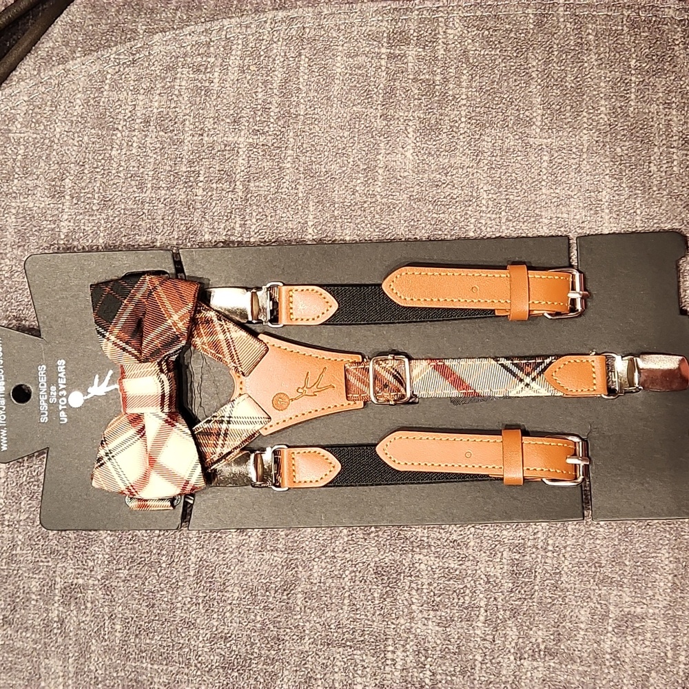 TROY JAMES BOYS NEW BOYS 3T SUSPENDER AND BOW TIE SET MADE WITH LEATHER & COTTON